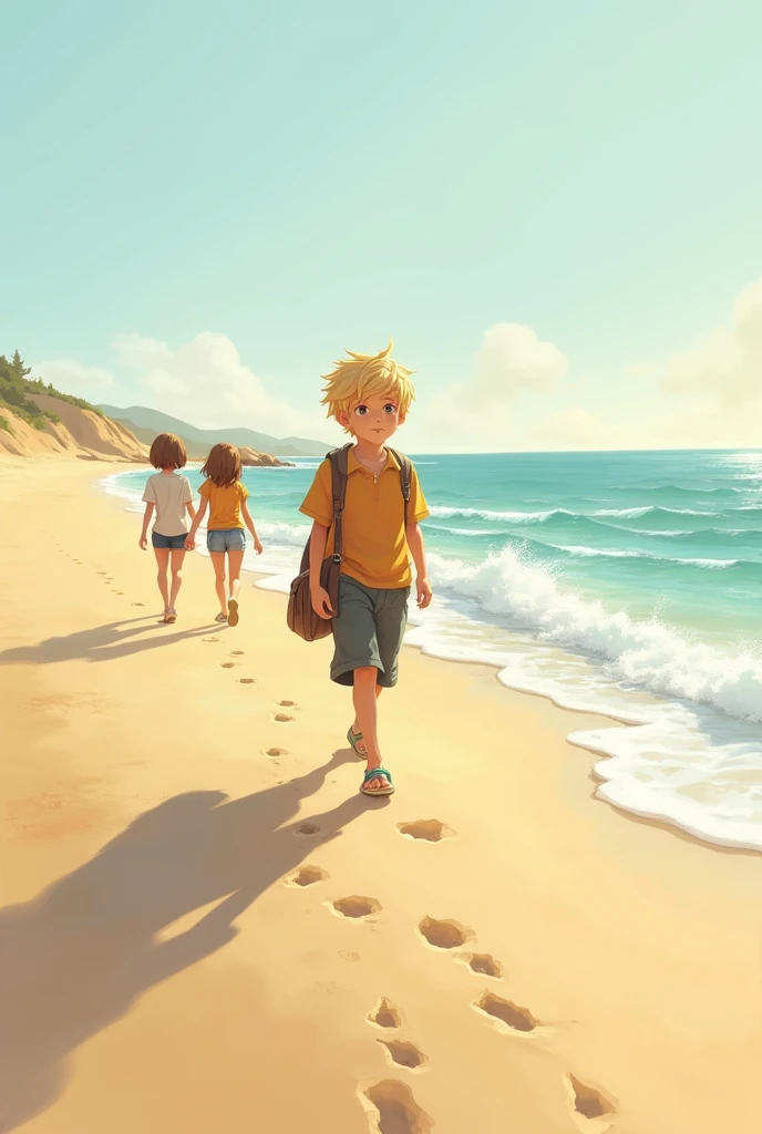 Very young blond boy with eyes verses walking on the beach with his friends