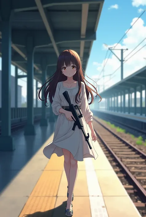 anime girl with long hair walking on a train platform, kantai collection style, railgun, konpeki no kantai, kantai collection arcade, kancolle, makoto shinkai style, anime visual of a cute girl, makoto shinkai art style, beautiful anime high school girl, a...