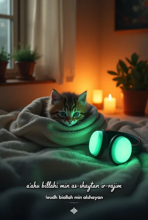 A cozy, dimly lit room with a small, fluffy kitten resting inside a blanket. The kitten has vibrant green eyes, and next to it is a pair of modern, glowing headphones emitting a soft green light. In the background, there’s a warm candlelight glow with a sm...