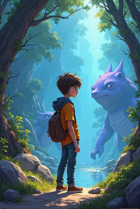 The protagonist ventures through the new world, encountering magical creatures and breathtaking scenery.Character is a 14-1 boy with a natural curiosity and adventurous spirit. He has messy brown hair, light blue eyes, and a lean build, often dressed in pr...