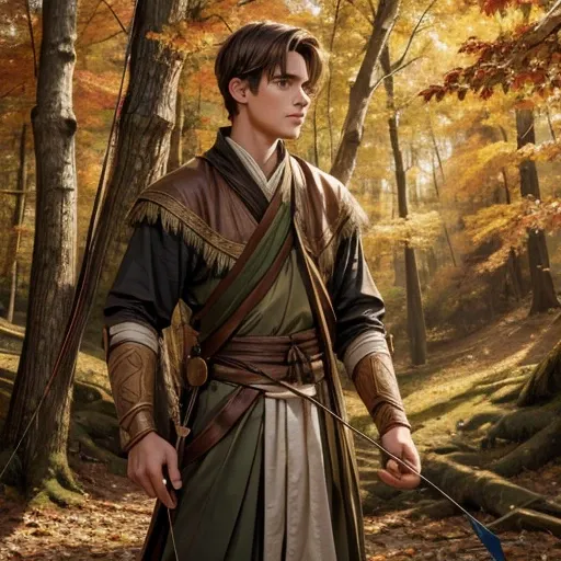  young man looking over a wooded landscape wearing ancient clothing and holding a bow and arrow, autumn forrest background