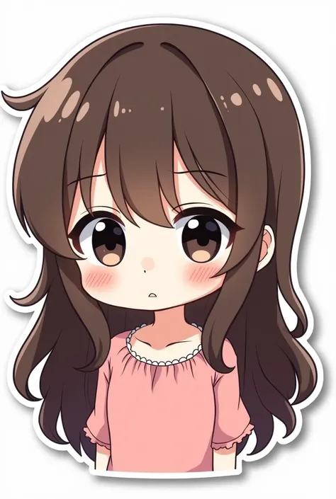 Create a chibi anime style sticker of a girl with long wavy brown hair, White skin, black eyes, with a pink blouse and neckline, annoyed, with a white background 