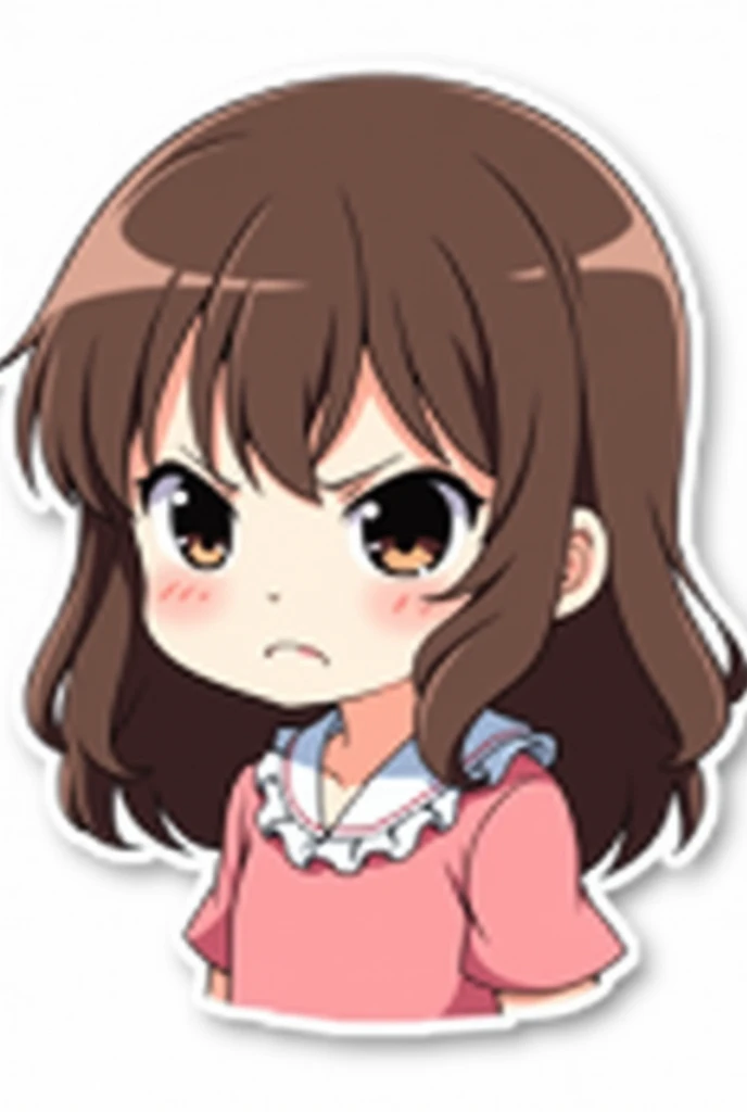 Create a chibi anime style sticker of a girl with long wavy brown hair, White skin, black eyes, with a pink blouse and neckline, with angry expression, with a white background 