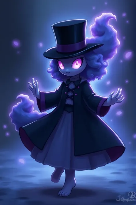 Hello, night! 🌌 Your Pokémon would be called Shadowfrost. Imagine it as an ethereal figure, shrouded in shadows with a black top hat and a dark coat that floats around her. Its colors are deep blues and bright purples.. Its signature sound is a whisper tha...