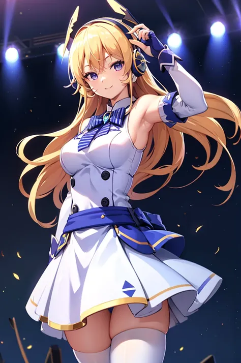 mecha wings、White and blue skirt、Thighs、tights、chest、Golden Hair、1 girl、solo girl、IS、Frame Arms Girl、Alice Gere Aegis、Blue Armor、income、headphone、hand on own chest、smile、idol woman、idol dress