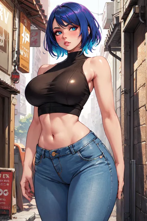 one girl, (white crop top, blue jeans), (skintight, undersized:1.2), (mature, milf), (wide hips), (huge breasts:1.2), standing in the street, short hair, detailed facial features, fit body, big piercing eyes, blush, makeup, dark makeup, (facing viewer:1.2)...