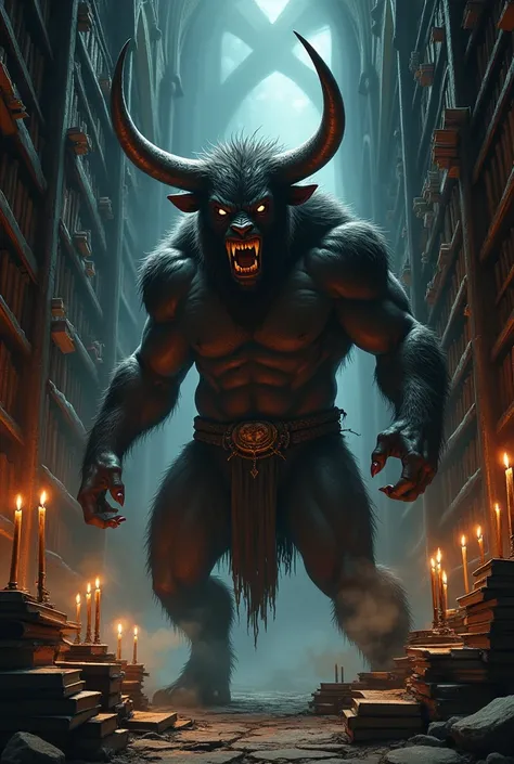 illustration of minotaur in library that is scary make it like a written picture