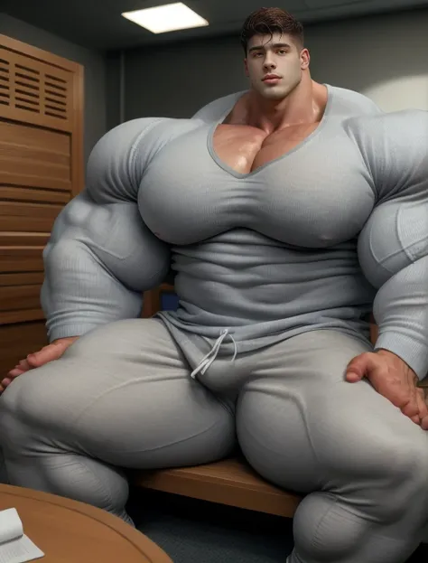 1boy, giant, alone, giant bodybuilder, wet, illuminating light, strong body, bulk, large size, sitting before locker room, indoor, wear white henley shirt with and gray pants, massive bulge, bulge, extraordinary big, brutalmass, giant muscular body, bulk, ...