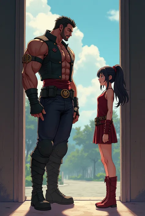 I want to create an image of two mercenaries, a short woman and another in a doorway, dialoging, Let it be anime style, the dominant man and the submissive woman, both young 