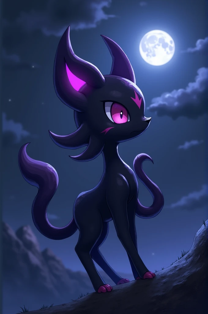 ¡Hey, night! I present to you **darkness**, A Pokémon that captures your essence. With a slim and agile shape, It has black fur with purple highlights and bright eyes that reflect the moon.. Its sound is a soft whisper, almost a murmur.

Umbravox has a Nig...