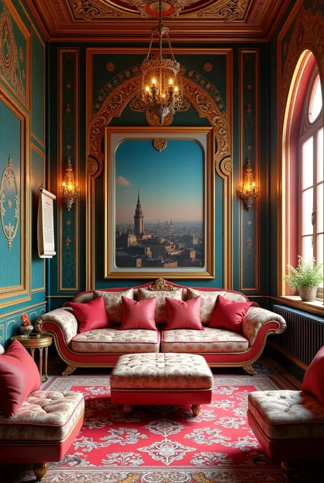 arafed room with a couch, ottoman, and a painting on the wall, qajar art, maximalism, inspired by Alessandro Galli Bibiena, islamic interior design, persian style architecture, futuristic persian palace, hanging scroll on wall, persian design