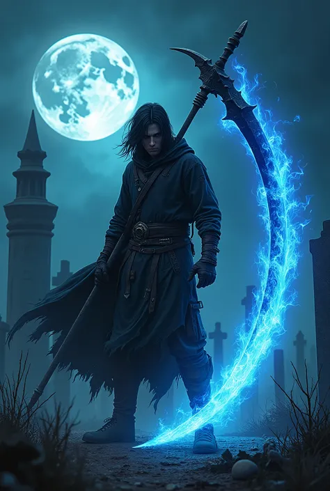 best quality, masterpiece, ultra high res, (Photorealistic:1.4), raw photo, 1boy, dark hair, shiny skin, Dramatic lighting, full body, teenager in dark clothes, gigantic scythe engulfed in blue flames, face partially hidden by hood, Giant skull-shaped moon...