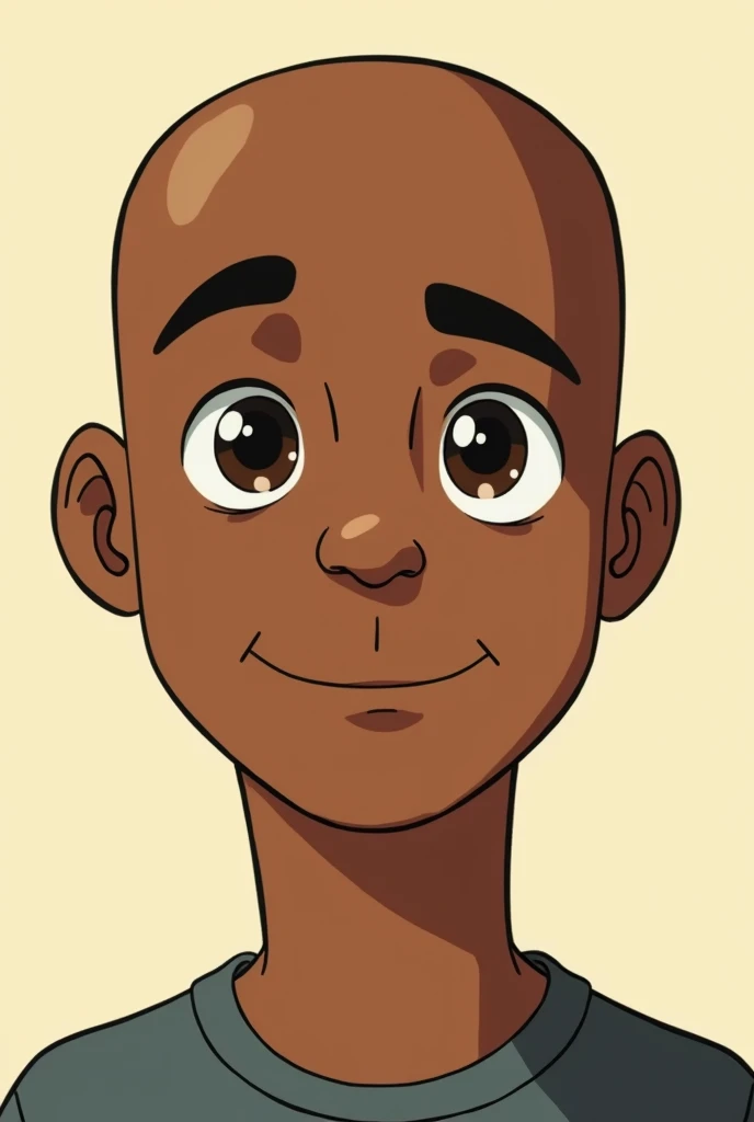 Face of a young non-effeminate male character, bald and brown-skinned, with brown eyes and a small smile on his face and drawn in the style of The Boondocks