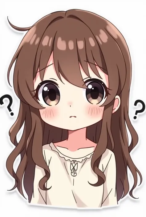 Create a chibi anime style sticker of a girl with long wavy brown hair, White skin, black eyes, with a white blouse and neckline, with a confused expression and a question mark , with a white background 