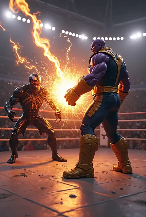 thanos activated the 5 stone in boxing stage and thanos hit venom by the activated 5 stone glove on his face