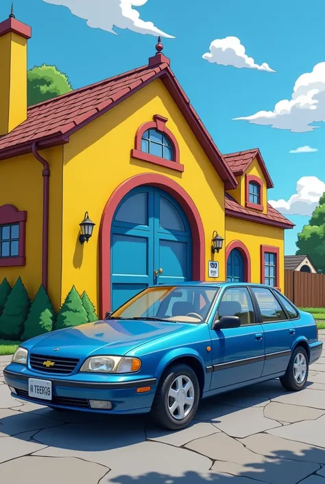 Create a 1999 Chevrolet Vectra with a blue sunroof in front of a Simpsons garage, simpsons style