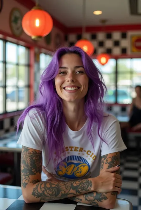 street photography of a young woman with purple hair, smile, happy, beautiful t-shirt, tattoos on his arms, sitting in a 50&#39;s restaurant