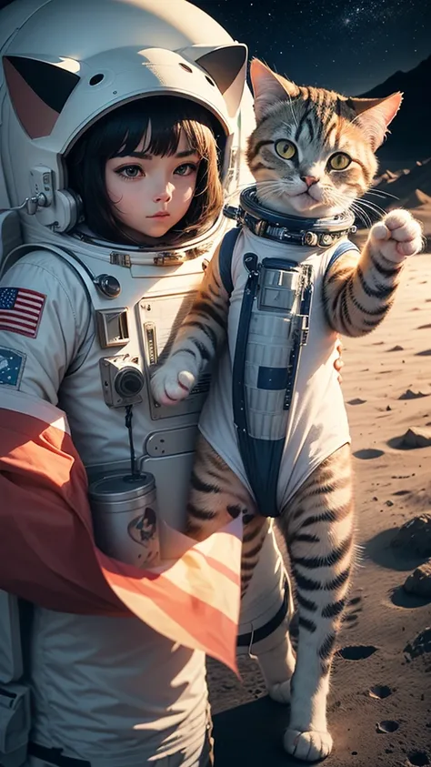 Cat in astronaut costume on the moon holding flag with fish design