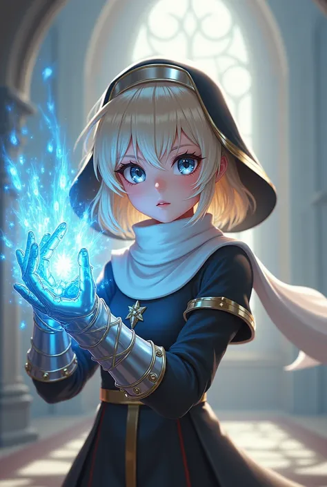 A melee combat girl saint magician wearing a huge glove formed by the gathering of energy，She is only 150cm tall，But she was wearing a fighting nun&#39;s uniform，With light blonde hair and silver eyes，Standing solemnly，Looks very emotional，A white scarf ar...