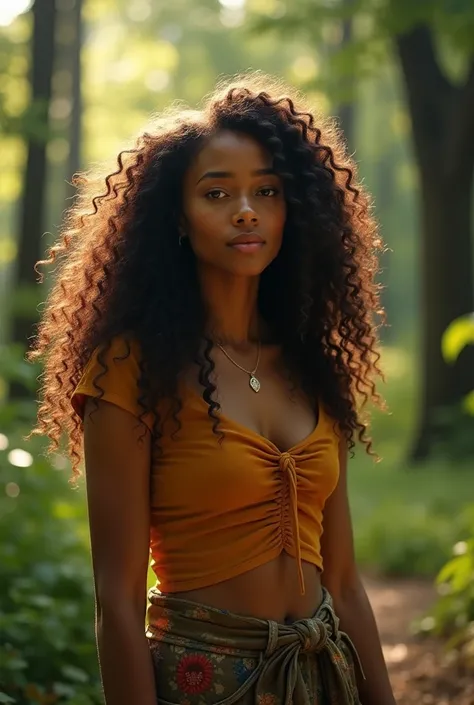 jovem negra, eighteen years old, long curly brown hair in the forest