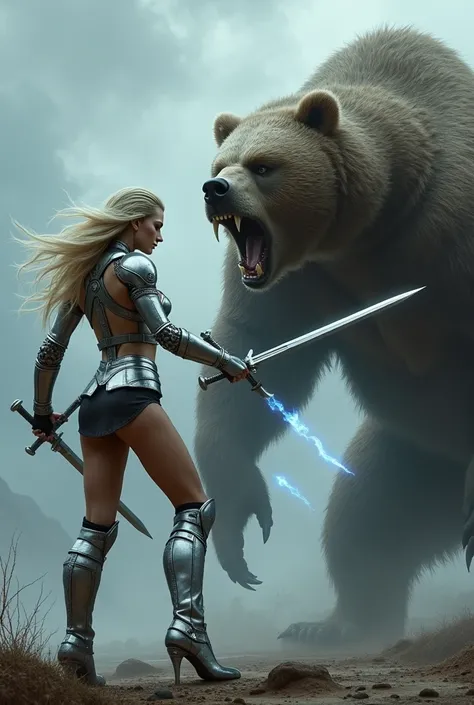 a futuristic Norwegian valkyrie with long blond hair, she has silver armor and thigh high boots, she has a leather mini-skirt, she fights against a rabid bear