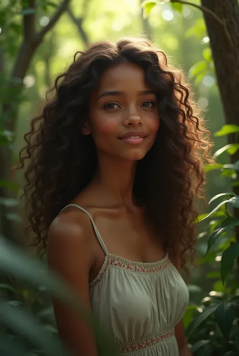 jovem negra, sixteen years, long curly brown hair in the forest