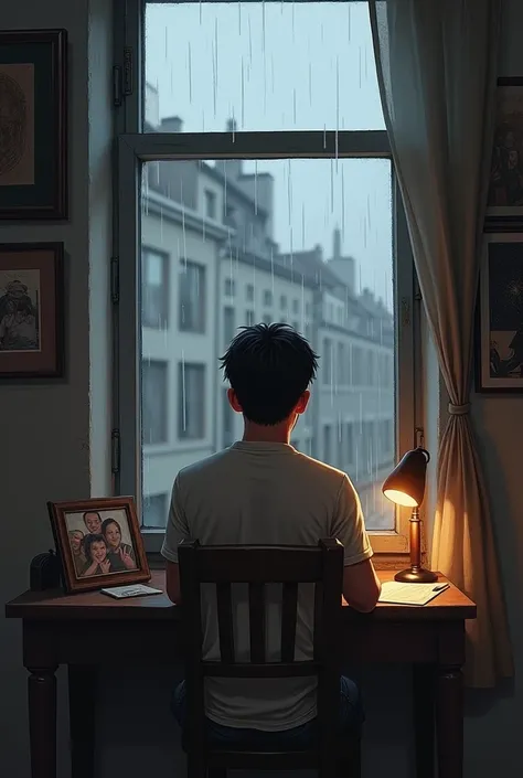 Pedro receives a letter from his family while he is in Europe. He sits at a small desk, with the letter in hand, looking at a photo of his family next to him. Pedro&#39;s expression is a mix of nostalgia and determination. outside the window, A grey and ra...