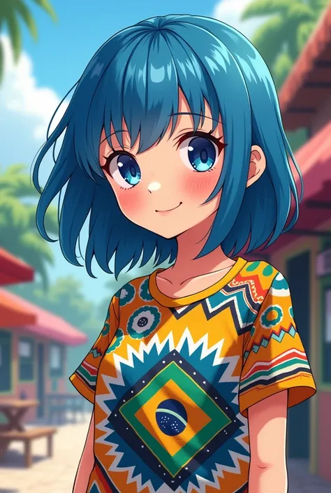 A blue haired anime girl wearing a Brazilian t-shirt