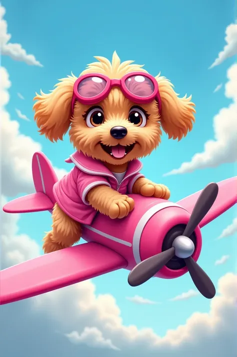 Create an AI image of a cockapoo puppy, he is wearing pink clothes and pink aviator glasses on his forehead, he is flying his pink plane high quality image vector style Cartoon