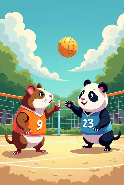 Create a guinea pig playing volleyball with a number 9 shirt and on the other side a panda with a number 23 shirt