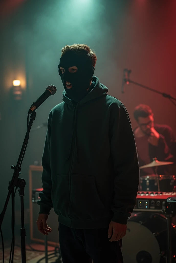 Masked uk man smoked in music studio singing (REAL PERSON IMAGE ) 