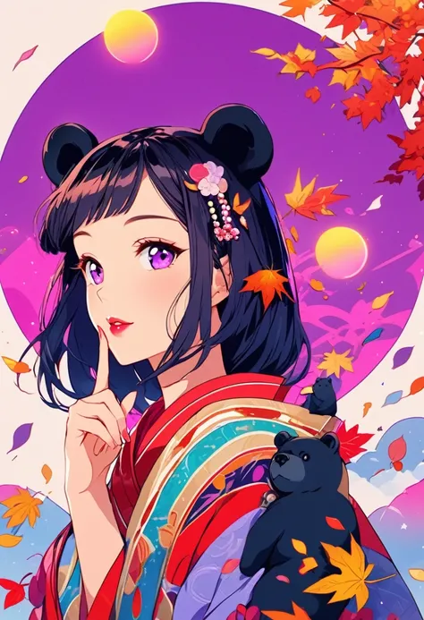 {worst quality, low-quality}, Anime artwork depicting a girls face within a vivid and abstract collage of colors and patterns. ((Kemonomimi girl with black bear ears:1.2)), plump and glossy lips, (Beautiful purple eyes:1.3), spoken word heart, (best smile)...