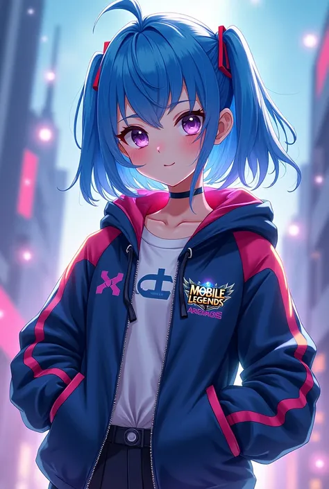 A blue haired anime girl wearing a Mobile Legends jacket