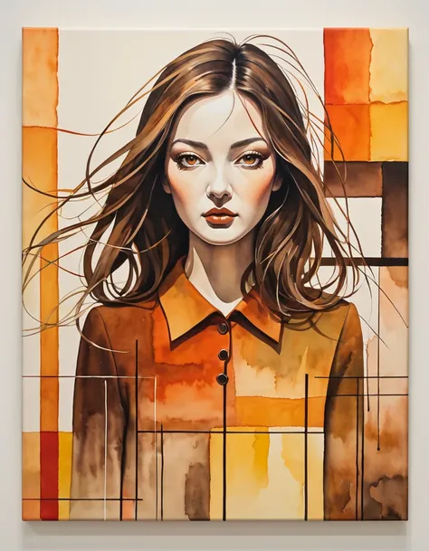 Watercolor painting of a surrealist picture, square shape, dashes and lines, Canvas picture, colours: orange, yellow, rot, brown 