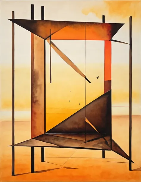 Watercolor painting of a surrealist picture, square shape, dashes and lines, Canvas picture, colours: orange, yellow, rot, brown 