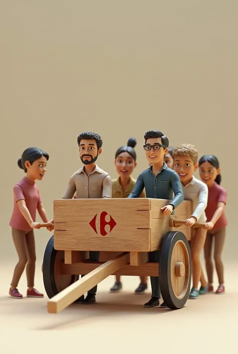 Image of dolls showing a wooden cart with the Carrefour logo and the acronym JPE , having 2 leaders in front pulling the Cart,  and 16 more people helping to push, Everyone has the same goal of moving the company forward.