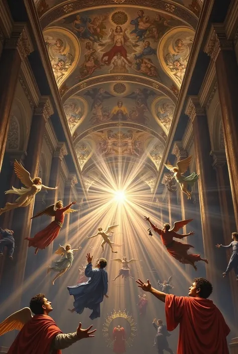 Generate an image similar to the Sistine Chapel, full details, angels and demons, a portal of light, angelical, In 4k