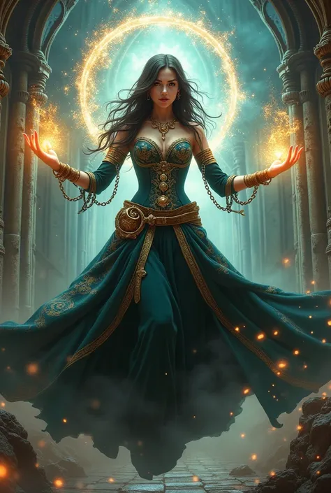 A female sorceress in steampunk costume emerges from mid-air, casting a spell with multiple glowing magic circles around her. Intricate gears and steam elements consistent with magic symbols. Intense concentration on her face. Vibrant energy flowing from h...