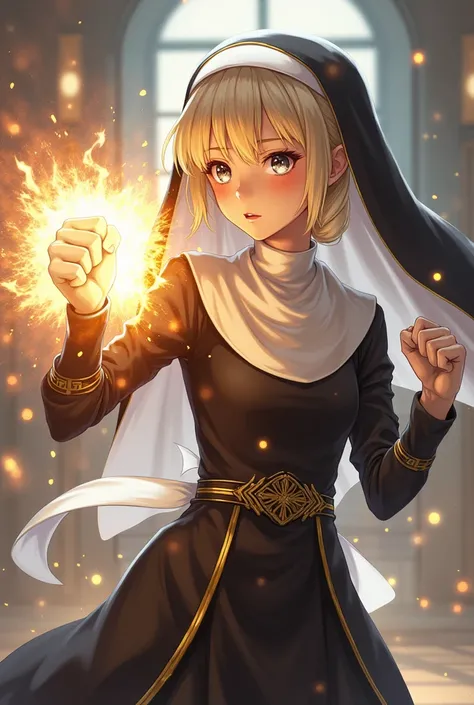 A melee combat girl saint magician who gathers energy into a huge fist，She is only 150cm tall，But she was wearing a fighting nun&#39;s uniform，With light blonde hair and silver eyes，Standing solemnly，Looks very emotional，A white scarf around the neck，Beaut...