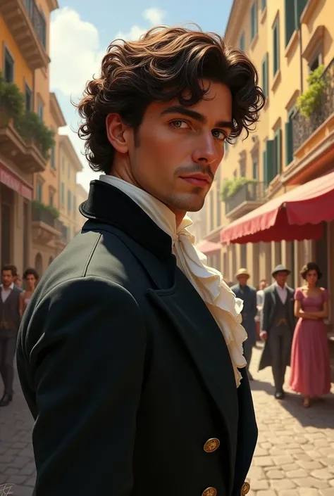 Typical cliche italian young man with curly brown hair that is almost black of 19th century who is around 30 years old.