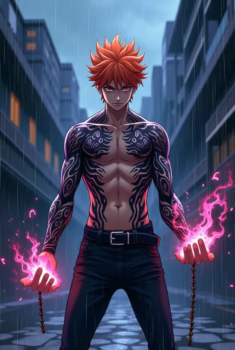 A full-body illustration of **Itadori ** from Jujutsu Kaisen, performing a **magic attack**. The scene is set in a **dark, rainy Japanese urban environment** at night, creating a moody and eerie atmosphere. Itadori is wearing **black jeans** with a **black...