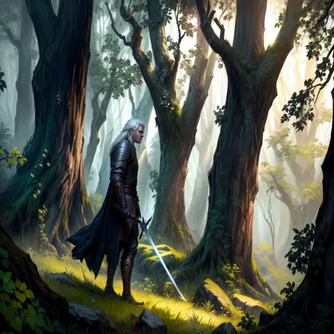 A warrior man standing in the forest with a sword, hold sword in the forest, geralt of rivia, white flowers, fantasy rpg book illustration, witcher)), epic fantasy art style, medieval fantasy game art, detailed digital 2d fantasy art, epic fantasy digital ...