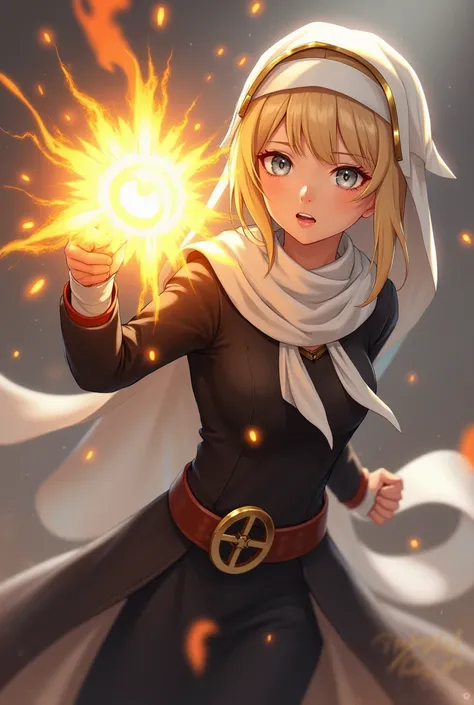 A melee combat girl saint magician who gathers energy into a huge fist，She is only 150cm tall，But she was wearing a fighting nun&#39;s uniform，With light blonde hair and silver eyes，Standing solemnly，Looks very emotional，A white scarf around the neck，Beaut...