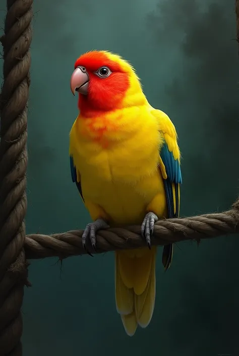 A lovebird that is yellow in body colour and red colour in nead till its neck. Its has a little pink colour beak is hanging in gallows.