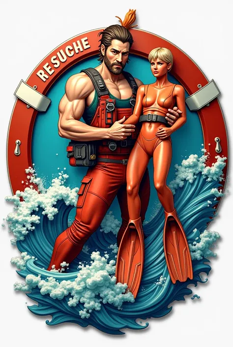 Round sea rescuer badge special trainer. Avec des palmes dafin et un mannequin de sauvetage.
