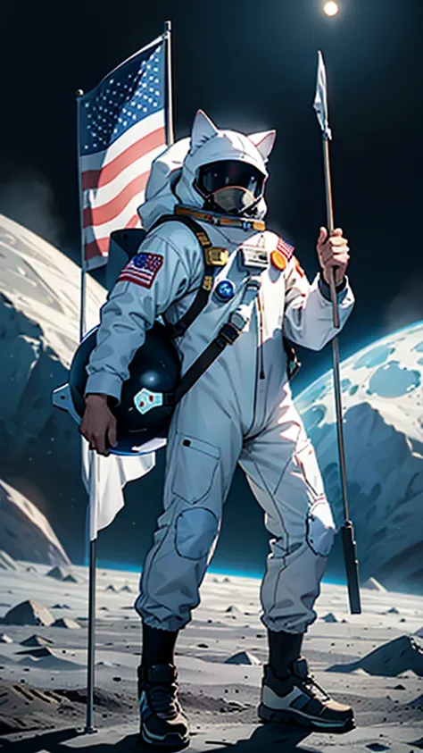 Cat in astronaut costume on moon holding flag with fish designDigital art, anime styling, ultra HD, 