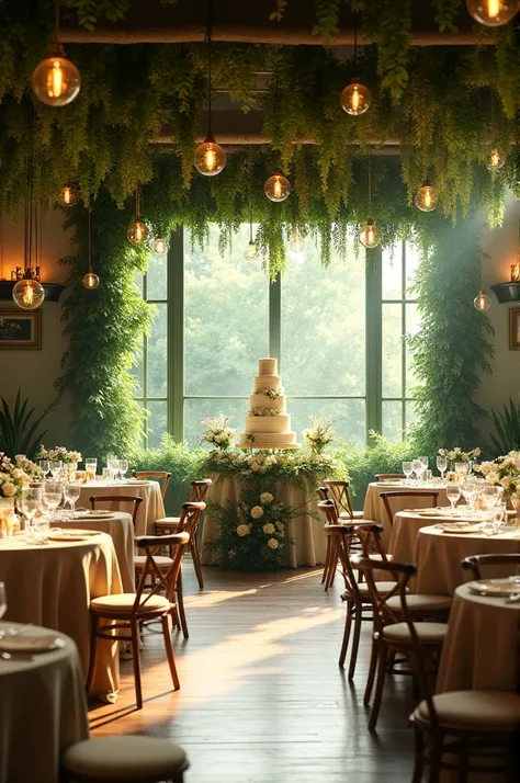 Salle de réception de mariage champêtre vert deau et or beaucoup de lumière, de petits cadeaux et des menus devant chaque assiette. Les tables sont rondes et un gâteau pièce montée sur une belle table. Des lettres suspendus décor la salle cest écrit Cassan...