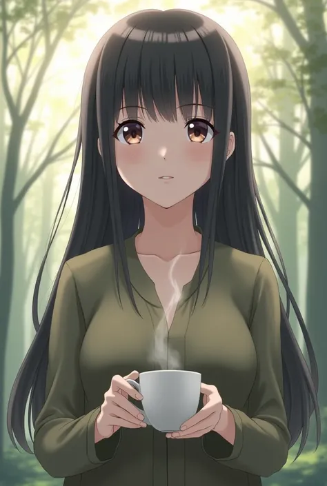 Fern from the anime Frieren with cup in hand 