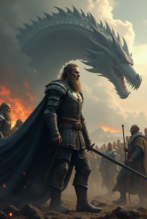 Image: Beowulf with his full team, watching a dragon on the horizon as it approaches the city. The atmosphere is tense and epic.
Descripción de la Image: Beowulf is in the field, with shining armor and sword in hand, looking at the dragon on the horizon. T...