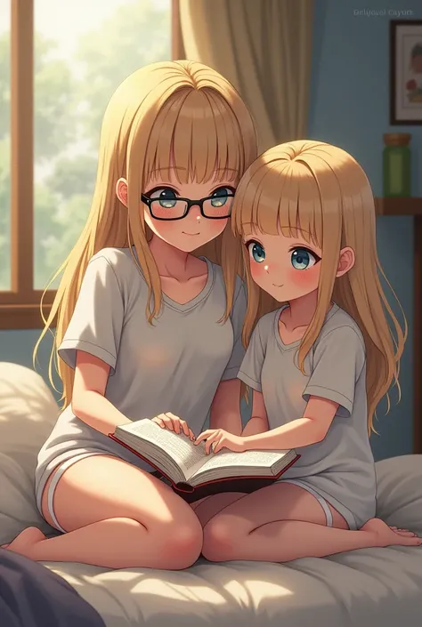 Fourteen year old blonde blue eyed girl wearing thigh length shirt, white briefs, wearing glasses, reading to ten year old blonde sister, who wears pajamas. 